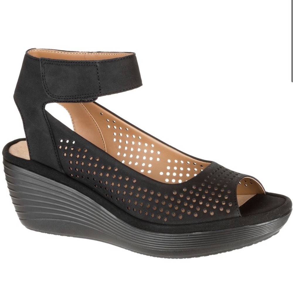 Clarks Collection Black Perforated Reedly Salene Sandal Wedges Women's Size 6.5